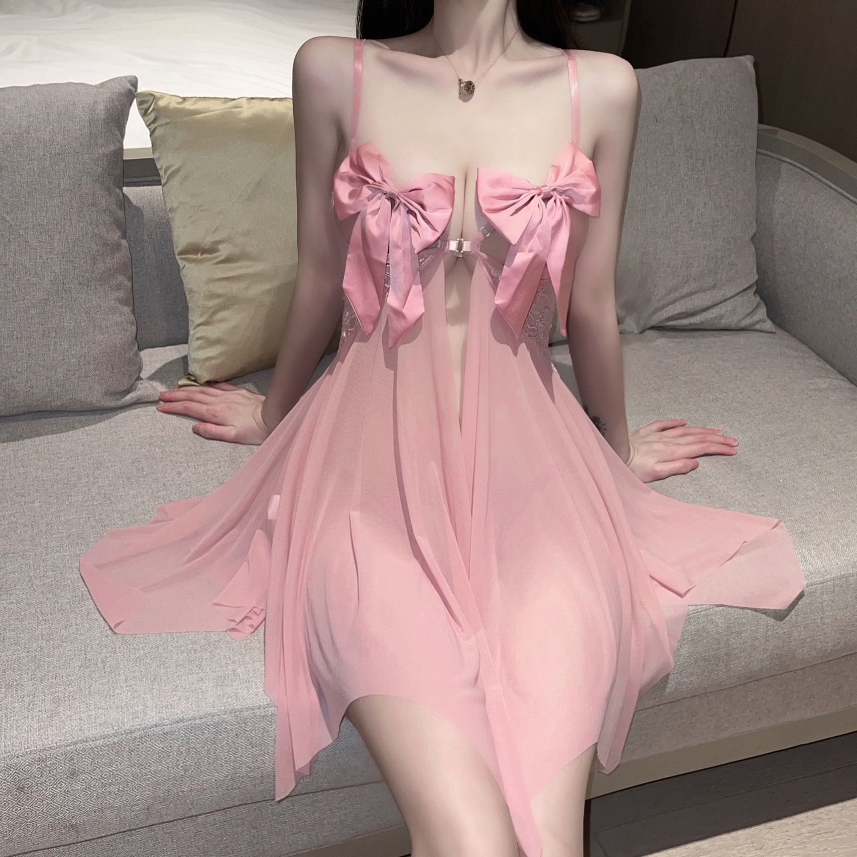 蝴蝶结性感睡衣女高级感蕾丝吊带睡裙前开扣薄款网纱睡裙