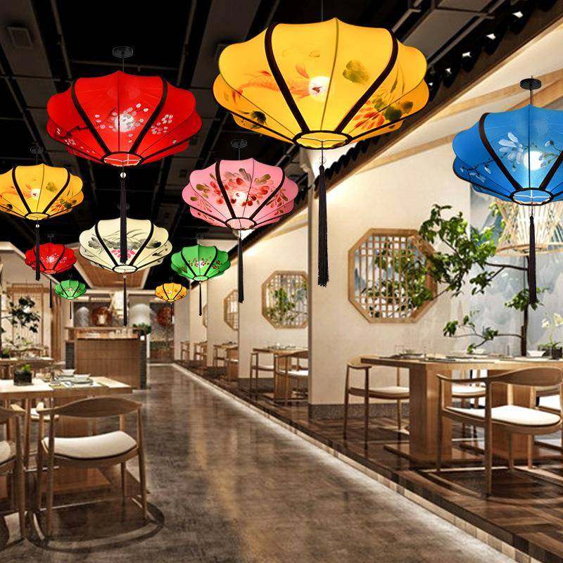 新中式布艺灯笼古典手绘彩色中国风餐厅饭店商场婚庆装饰飞碟吊灯