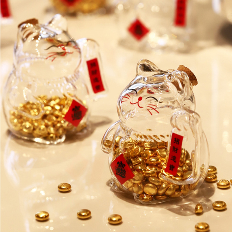 招财猫咪储物罐攒金豆豆收纳瓶黄金条金元宝存钱罐装饰摆件礼玻璃