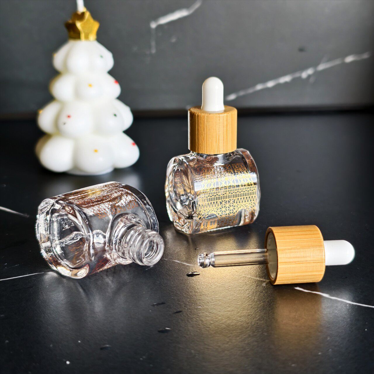 高级烫金透明玻璃精油滴管瓶竹盖精华液分装瓶手工DIY化妆品小瓶