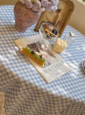 韩盖式MAK几美风蓝色格子桌布甜法式荷叶花边餐桌茶布床头柜防尘