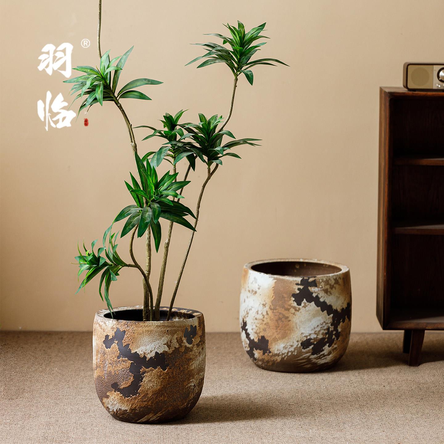 复古旧陶瓷山野苔釉花盆家用大树口径绿用做植专盆栽发财鸭掌木落