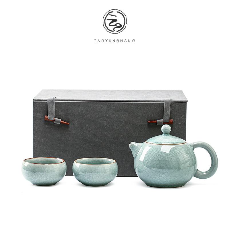 窑冰花开片一壶两杯tys-2304可携式陶瓷汝行茶具泡茶壶旅户外 功