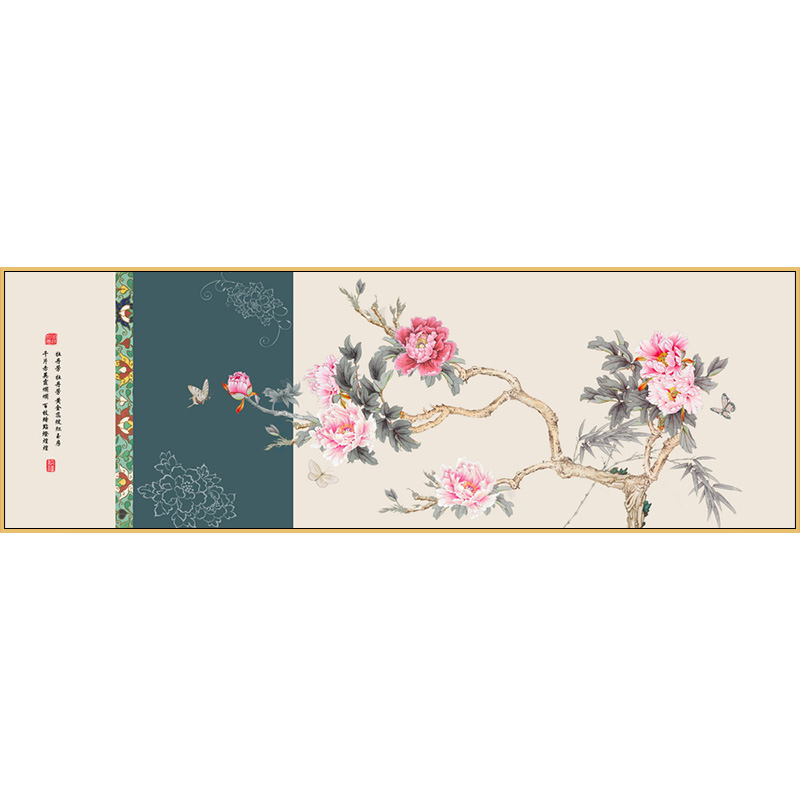 新中式牡丹客厅装饰画卧室床头背景墙面壁画花鸟挂画书房茶室横幅图片