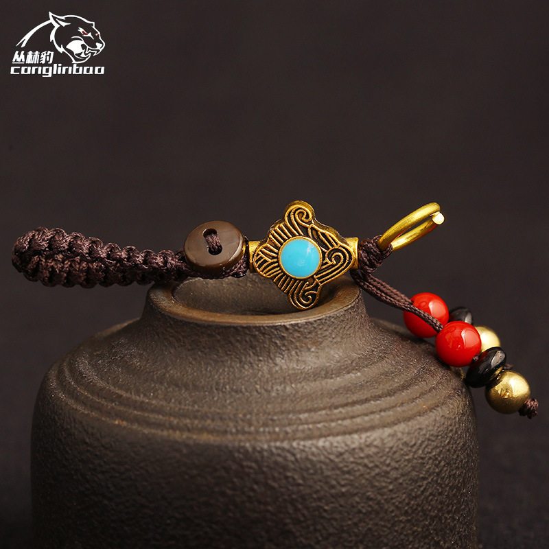 创意手工绳结编织黄铜钥匙扣汽车钥匙挂件绳编织活扣平结五帝钱