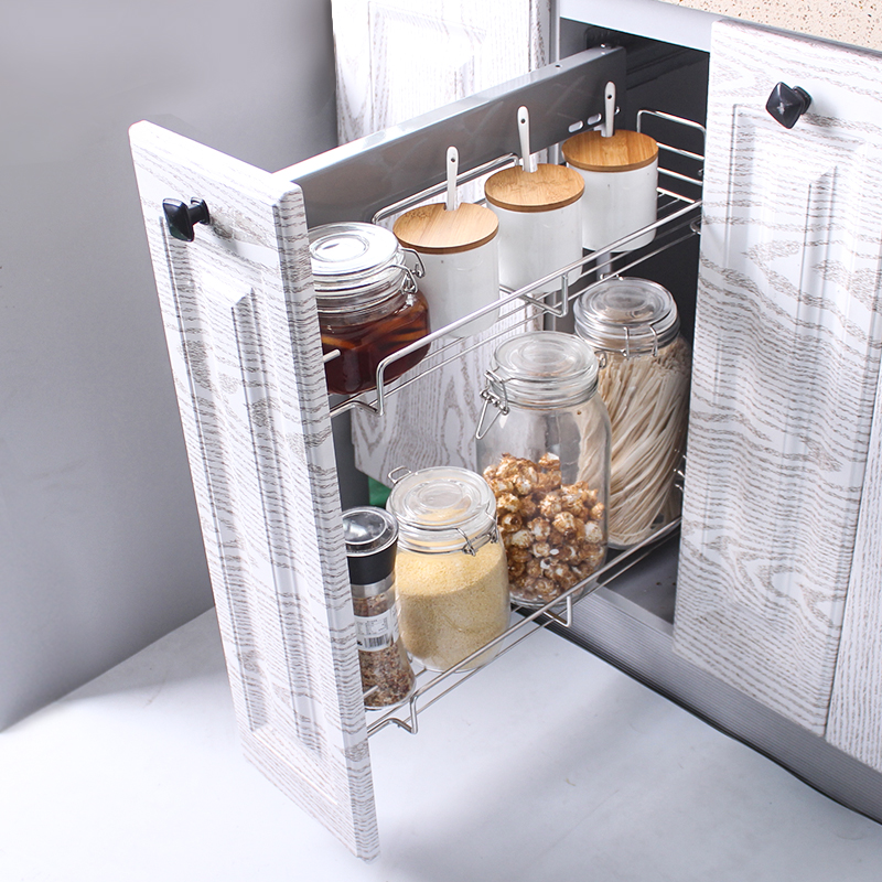 厨房抽屉式窄柜侧挂不锈钢调味拉篮 200小尺寸阻尼双层储物调料架