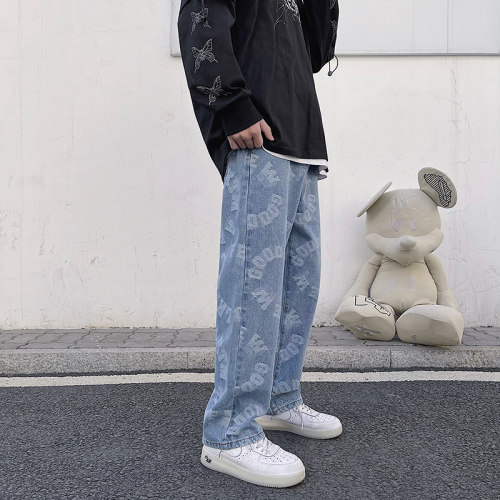 极速Jacquard Jeans Blue Mens Loose Straight Leg Long Pants S