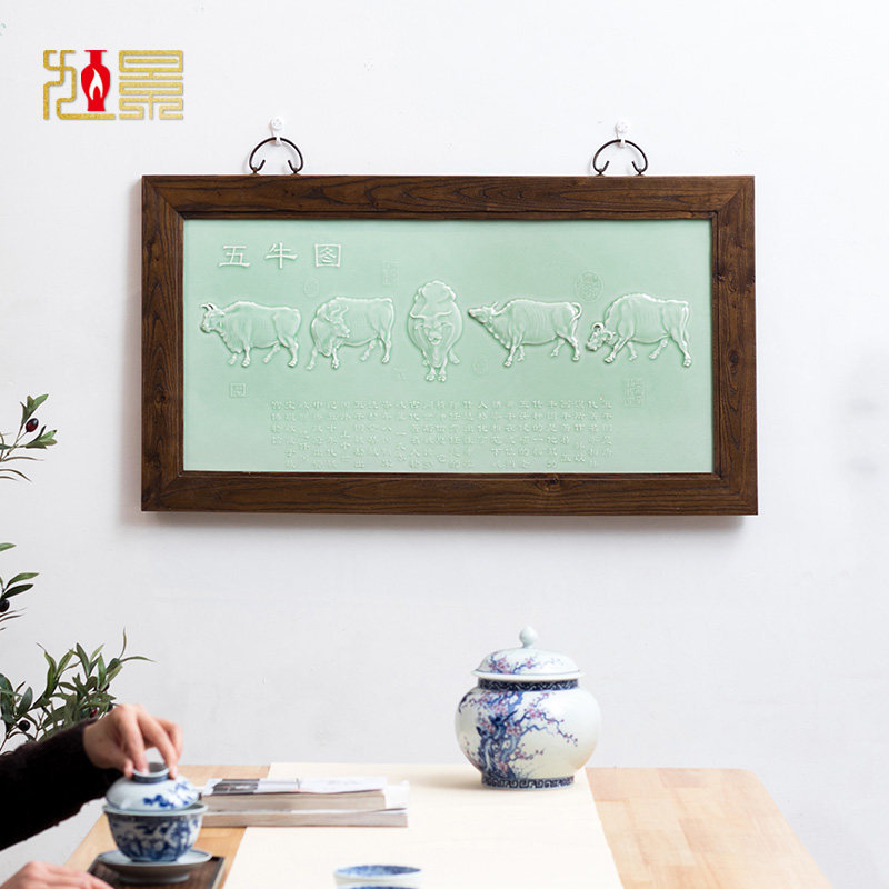 极速装饰画景德镇陶瓷手工雕刻挂画沙发背景墙客厅五牛图瓷板画装