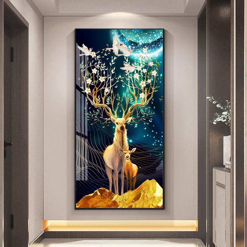 玄关麋鹿挂画装饰画竖版入户正对门过道走廊墙壁画一帆风顺寓意好