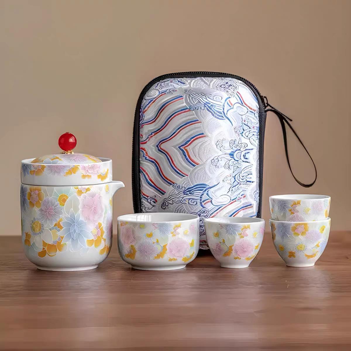 仿古釉万花旅行茶具套装一壶四杯陶瓷泡茶壶茶杯简约便携式快客杯