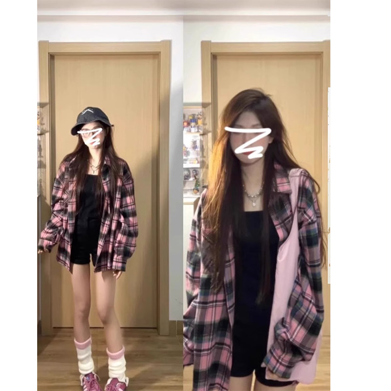 粉红色格子衬衫外套女2025夏季流行单品休闲运动工装风衣夹克上衣