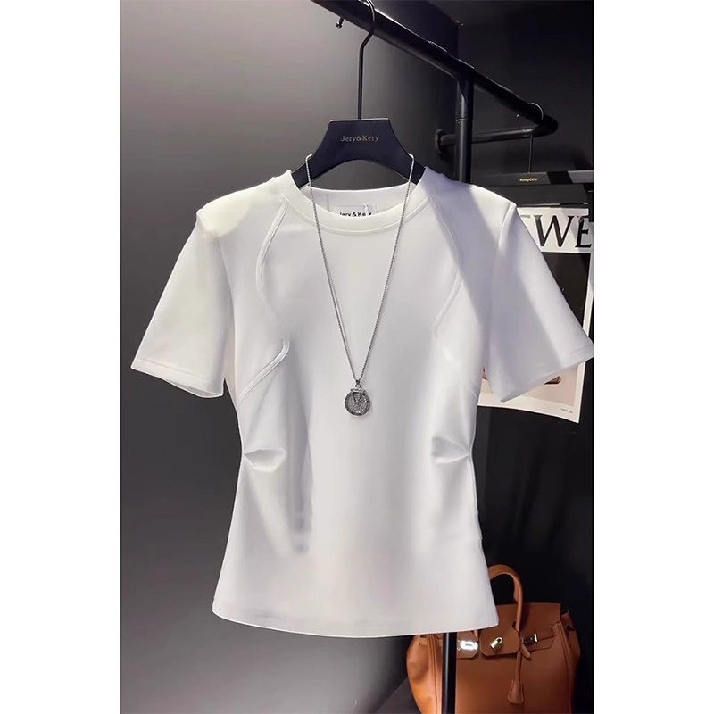 白色正肩圆领短袖T恤女士夏季2025欧货小衫爆款收腰显瘦体恤上衣