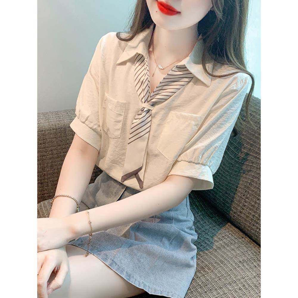 香港Polo领减龄短袖衬衫女夏季高级感雪纺小衫女洋气独特别致上衣