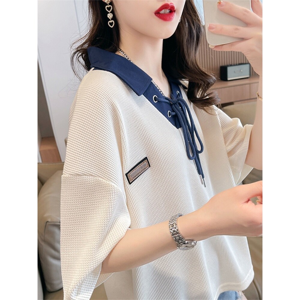 翻领polo衫短袖t恤女夏季韩版宽松设计感小众撞色短款华夫格上衣