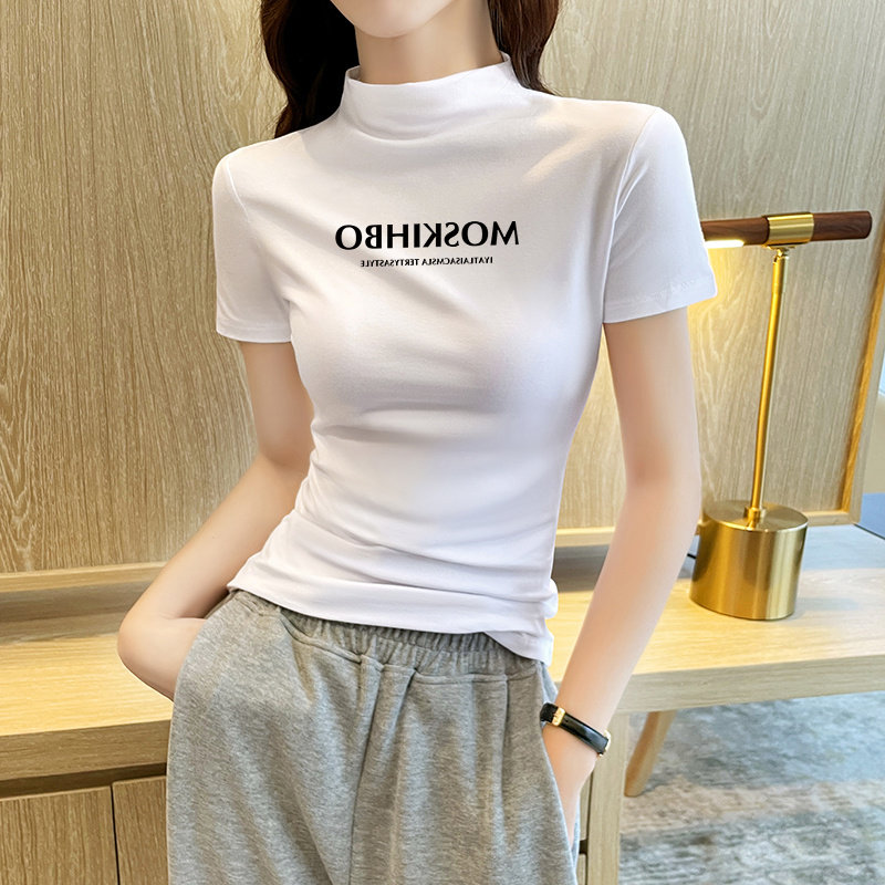 半高领白色短袖t恤女2025夏季新款洋气内搭紧身纯棉半袖体恤上衣