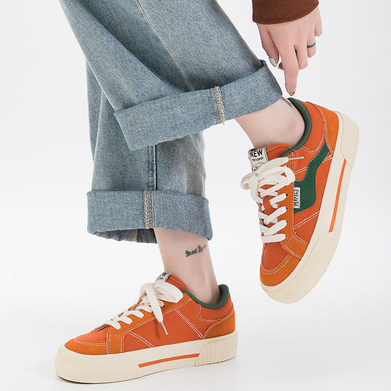 韩国橘黄色帆布鞋女2025新款复古港风小众百搭休闲板鞋ins潮鞋子