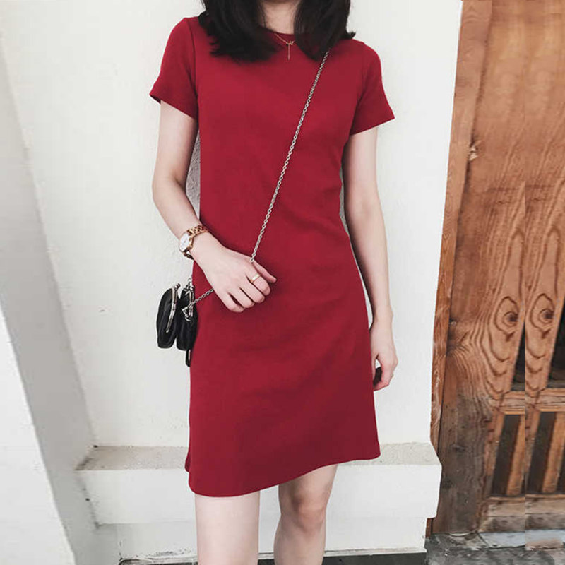 红色短袖t恤裙女2025夏季新款中长款简约纯棉修身气质圆领连衣裙