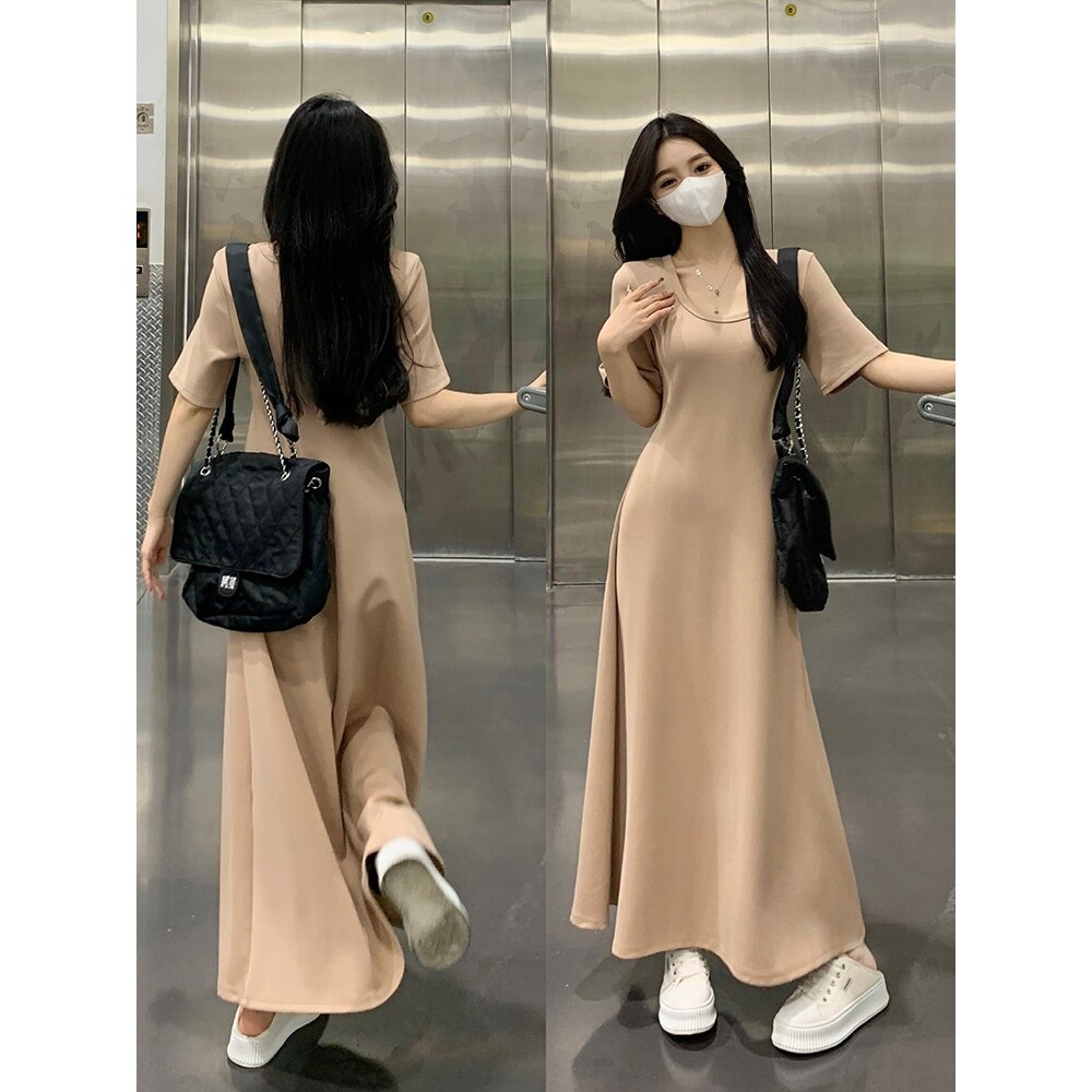 卡其色短袖连衣裙女士春季大码胖mm遮肚收腰显瘦性感中长款T恤裙