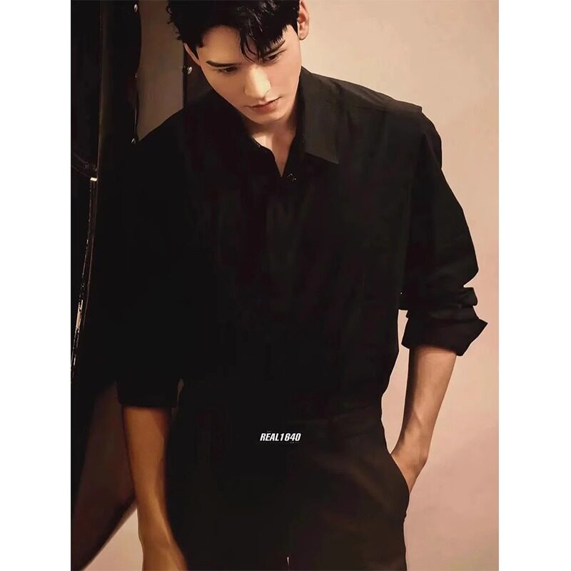 那不勒斯黑色衬衫男士长袖2024新款夏季痞帅西装短袖衬衣男款春秋