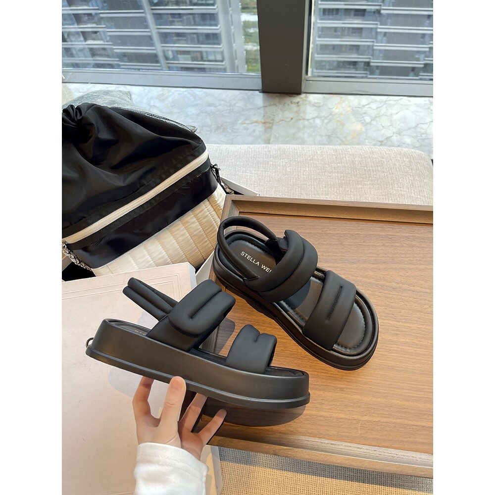 传祺女鞋小个子增高黑色凉鞋女夏季外穿厚底松糕百搭休闲面包凉鞋