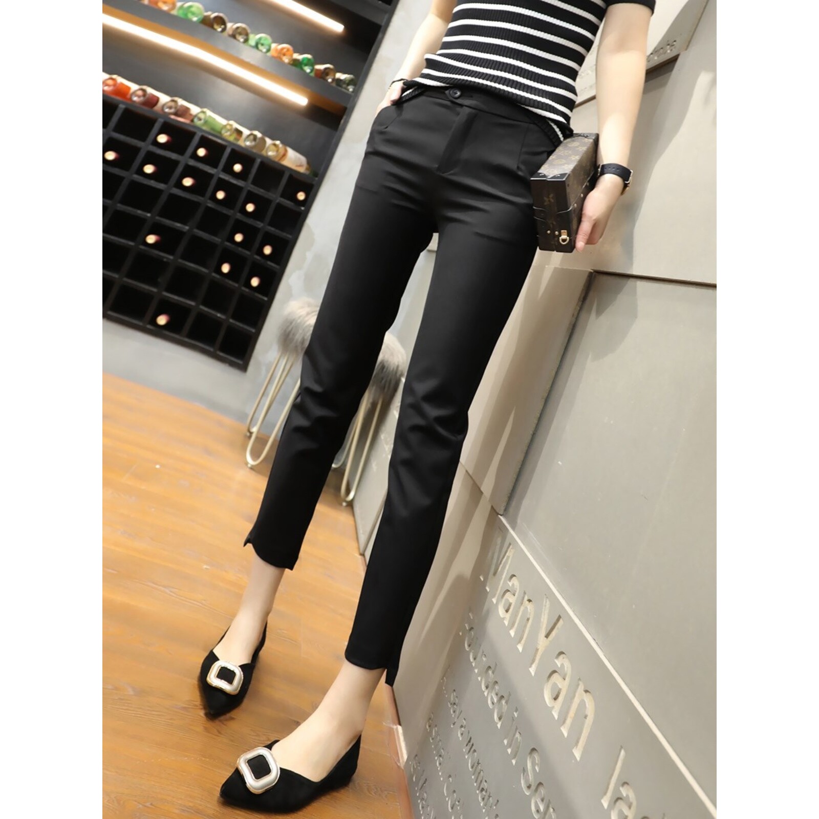 欧洲站女装25春夏九分小脚裤女黑色小个子直筒显瘦休闲西装裤百搭