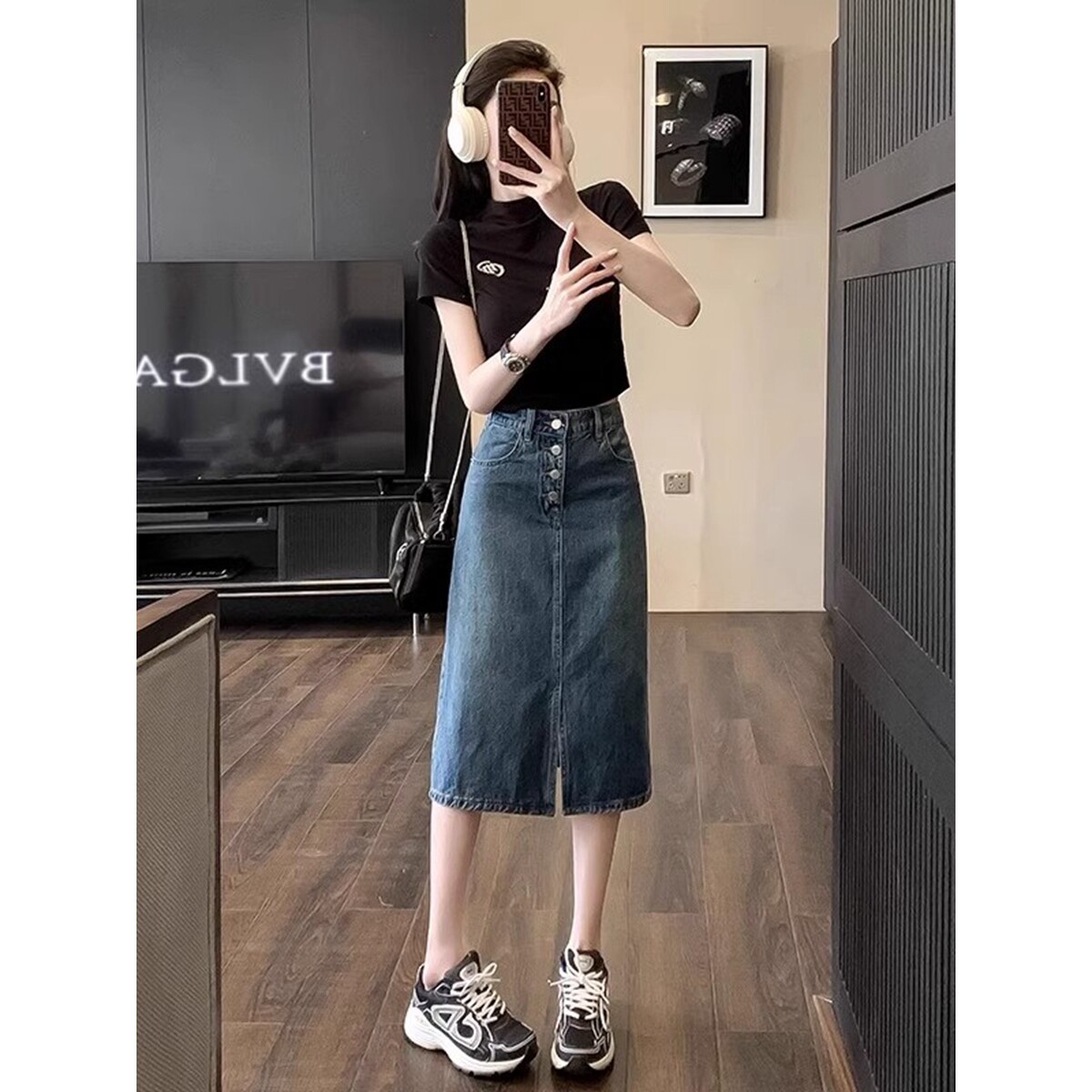 韩国牛仔裙开叉半身裙女夏季薄款小个子a字包臀裙高腰中长款裙子