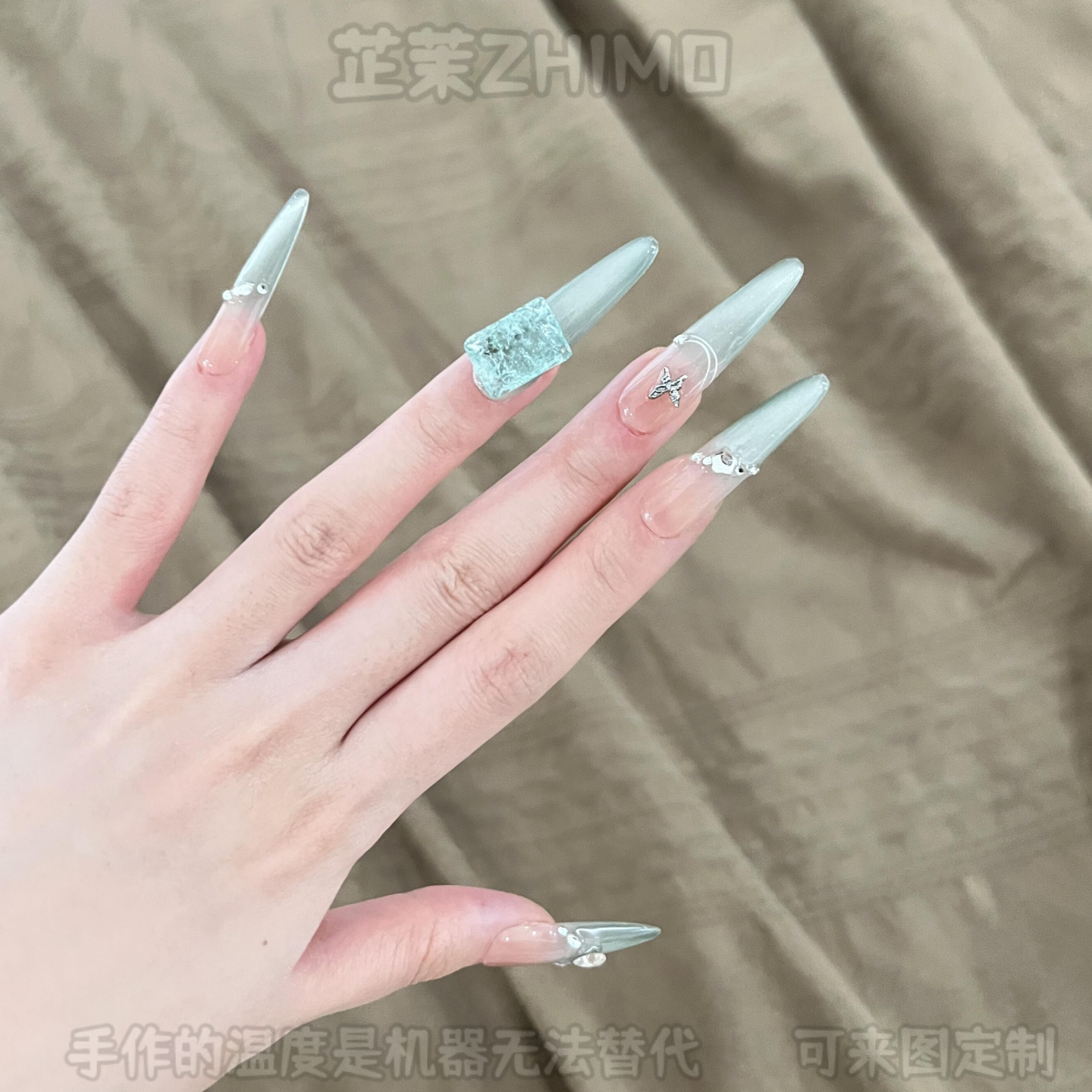 芷茉手工穿戴美甲长款猫眼满钻蝴蝶海蓝奢华新娘孕妇定制可拆卸甲