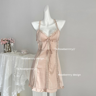 Roseberrrry法颂芭蕾 纯欲温柔复古法式吊带睡裙露背蕾丝性感睡衣
