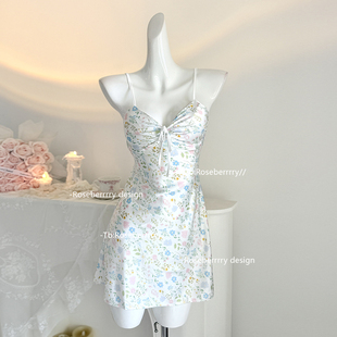 Roseberrrry心动繁花 温柔小清新碎花吊带睡裙纯欲甜美睡衣带胸垫