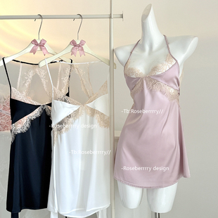 Roseberrrry嗲妹背杀 性感镂空蕾丝法式吊带睡裙露背网纱纯欲睡衣