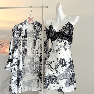 Roseberrrry画意千金 国风水墨画美背吊带睡裙性感蕾丝睡衣带胸垫