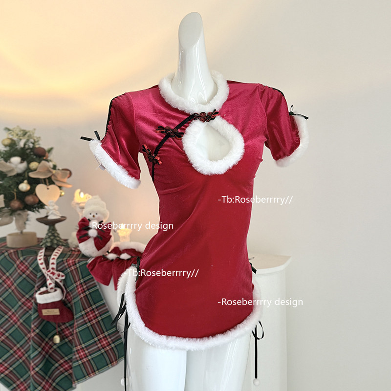 Roseberrrry圣诞乖妹 可爱性感丝绒睡衣套装氛围感新年约会cos服