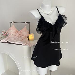 Roseberrrry春水奶芙 甜美吊带睡裙遮肉显瘦法式冰丝性感深v睡衣