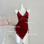 Roseberrrry玫瑰红酒 法式 丝绒性感露背吊带睡裙蕾丝抽褶开叉睡衣