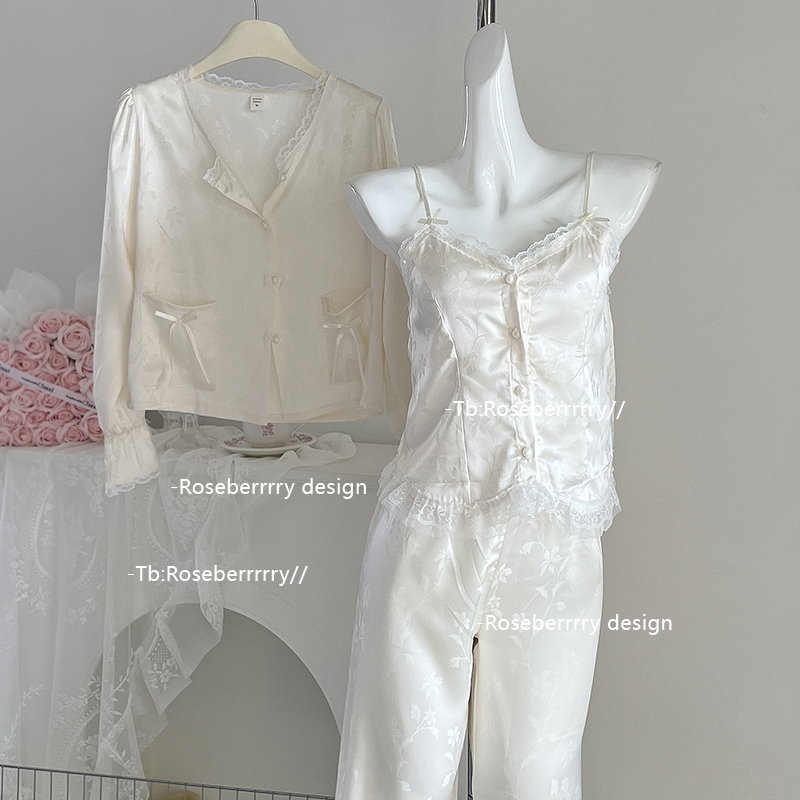 Roseberrrry奶油甜妹 提花国风蕾丝性感睡衣春秋温柔三件套家居服