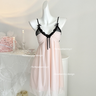 Roseberrrry温润软玉 纯欲少女感网纱吊带睡裙性感蕾丝睡衣带胸垫