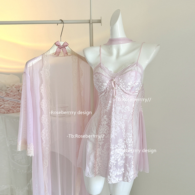 法式蕾丝吊带睡裙带胸垫