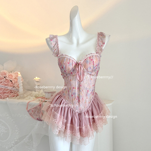 Roseberrrry甜甜芭比 纯欲甜美碎花印染鱼骨胸衣显瘦聚拢性感睡衣
