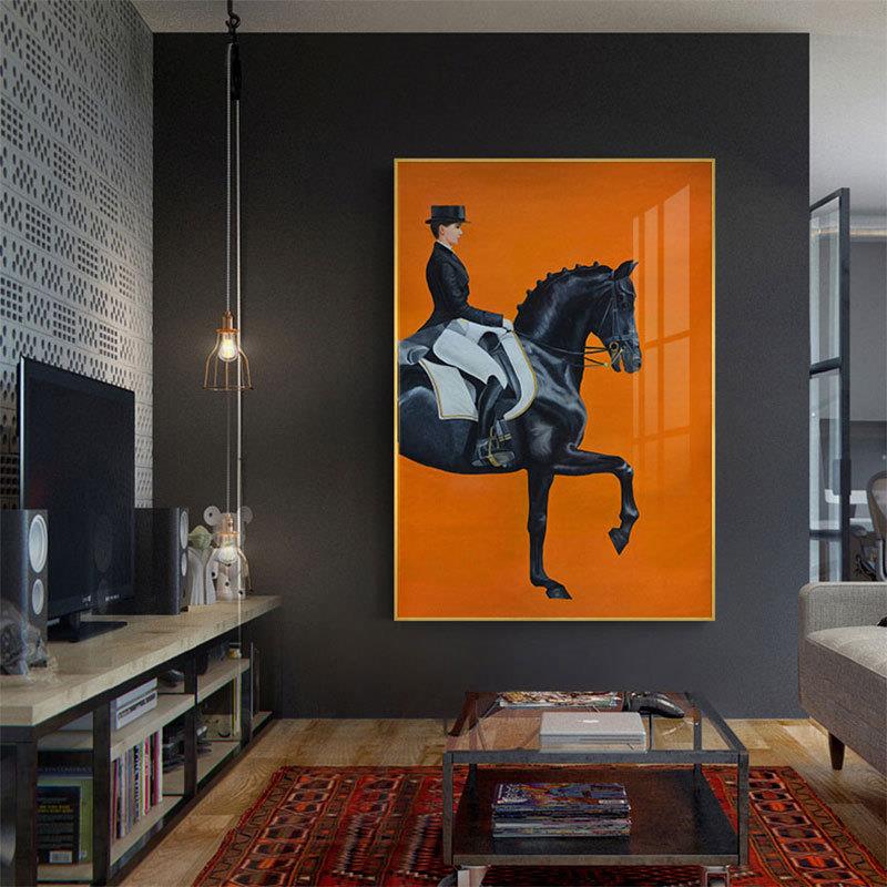 现代玄关装饰画轻奢软装壁画英伦风大尺寸餐厅马骑士北欧客厅挂画