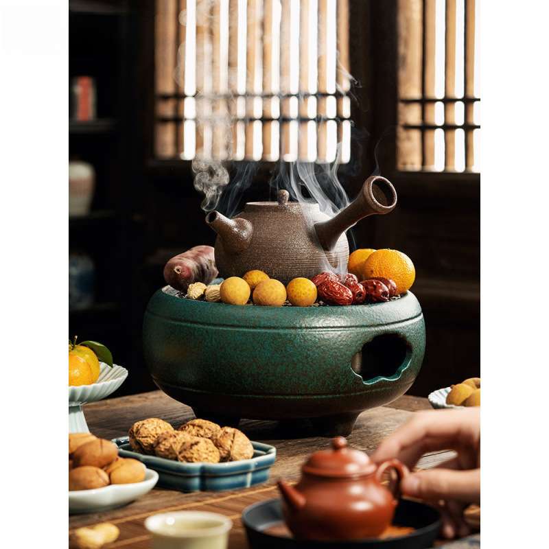 围炉煮茶器电陶炉中式复古陶壶实用室内炭炉炭火茶桌烤炉侧把茶壶