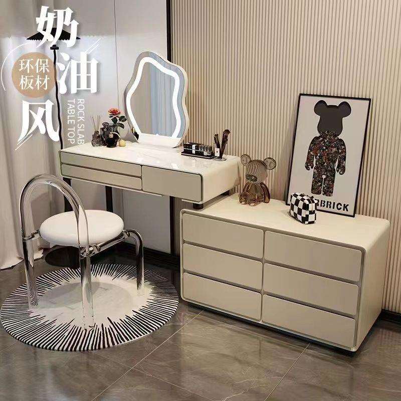 2025奶油风岩板实木梳妆台床头柜一体网红伸缩化妆台卧室现代简约