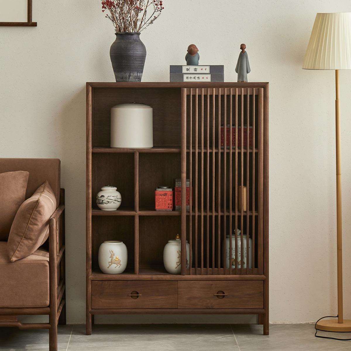 新中式黑胡桃木实木餐边柜茶水柜茶边柜老榆木茶柜置物柜架客厅柜