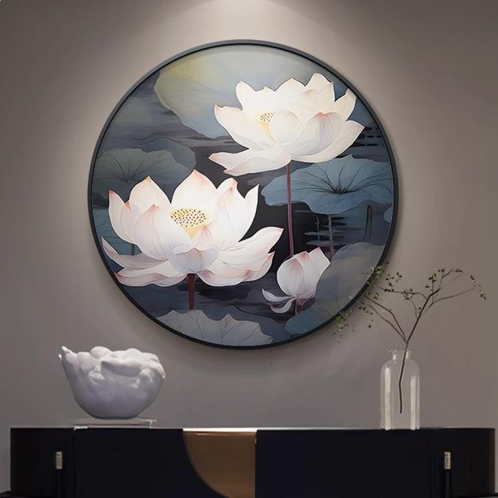 轻奢荷花玄关装饰画现代简约入户正对门挂画高级感圆形客厅走廊画图片