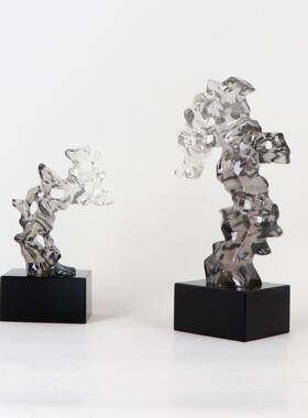 新中式灰色石头珊瑚太湖石摆件样板间书房博古架茶几书柜软装饰品