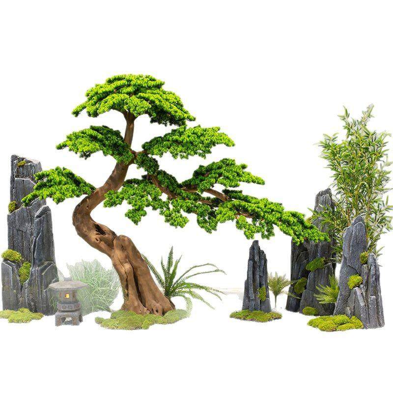 迎客松仿真树大型中式室内造景雕刻罗汉松绿植玄关橱窗楼梯口景观