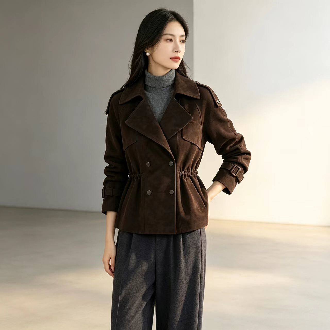 韩版复古反绒皮短款西服领修身恰克外套