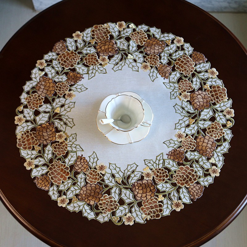 大圆桌布布艺欧式美式中式家用刺绣花松果茶几盖巾U台布镂空餐桌