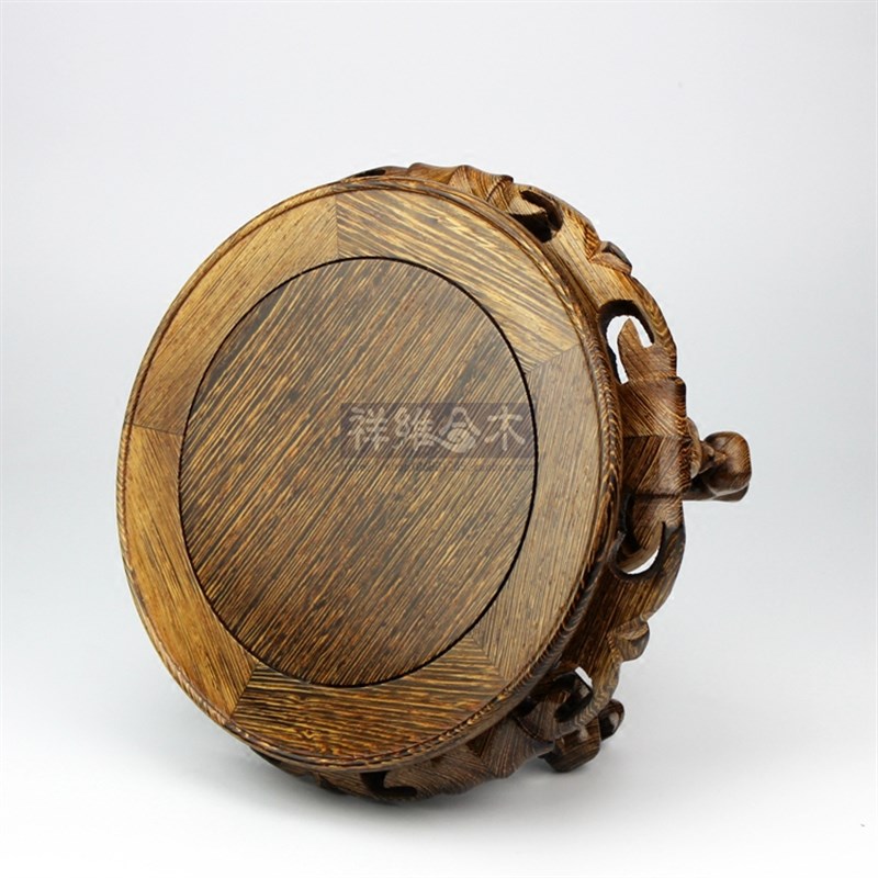 红木鸡翅木实木雕花瓶盆景鱼缸画缸瓷器底座花架中式圆形底座花几