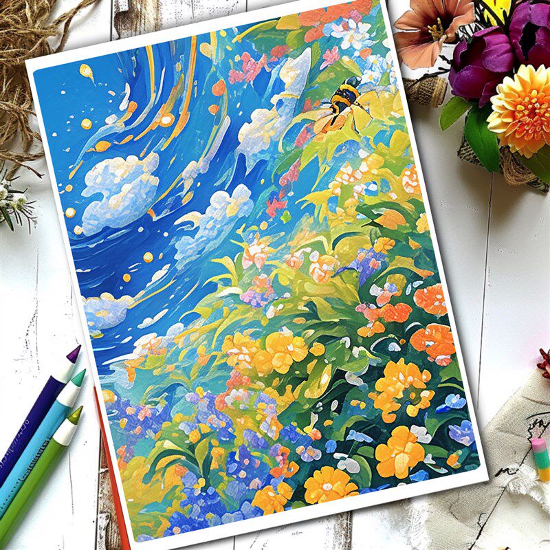 梦幻之境临摹卡丙烯马笔风景动物水彩丙烯画儿童创意美术明信片