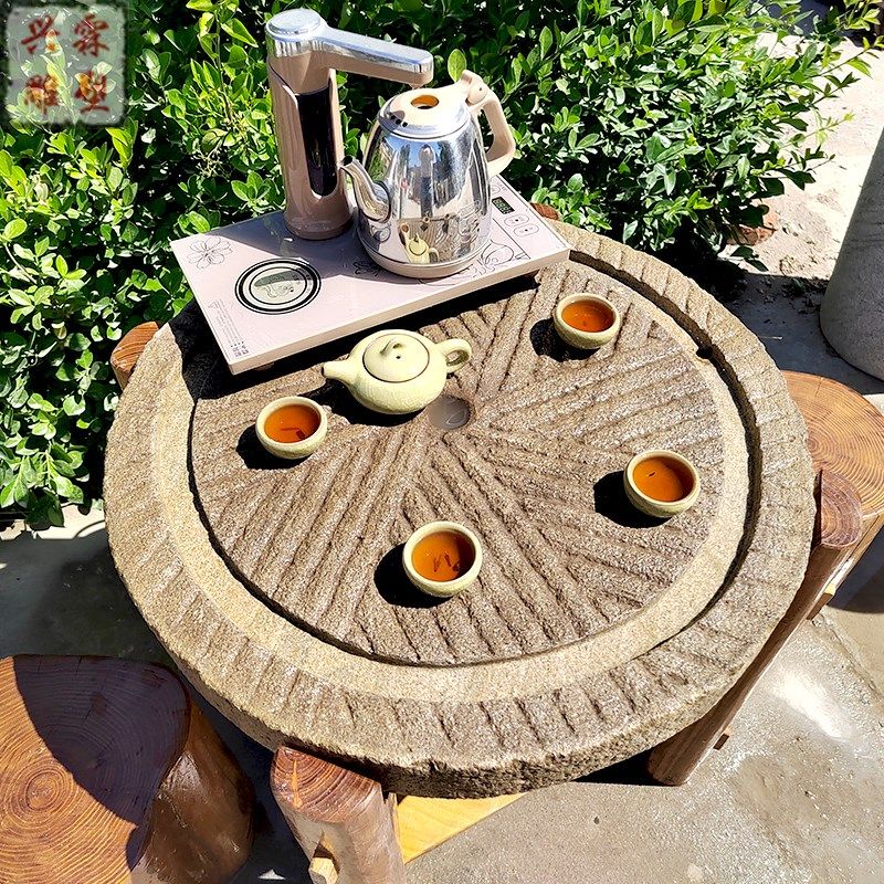 石磨茶盘茶台老旧磨盘茶海复古老式庭院圆形石桌室内阳台茶桌
